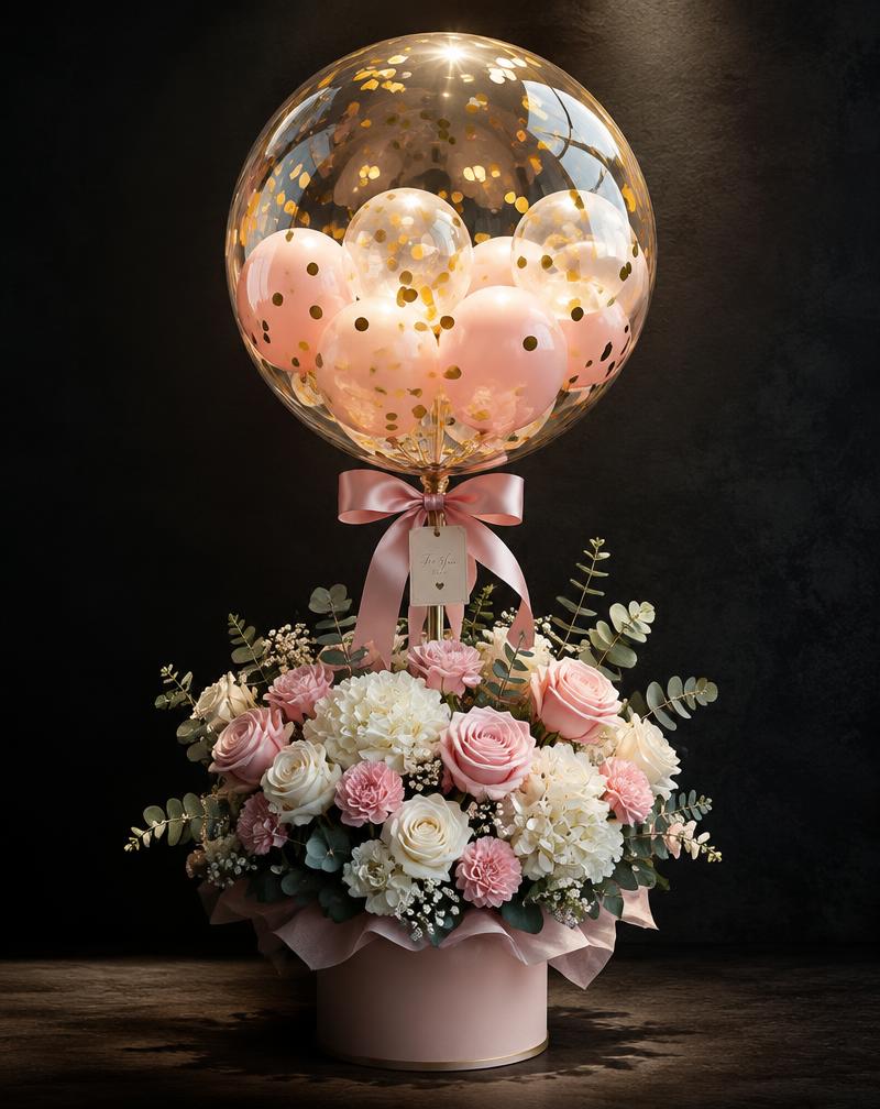Clear bobo balloon bouquet filled with gold confetti above fresh pink and white flowers
