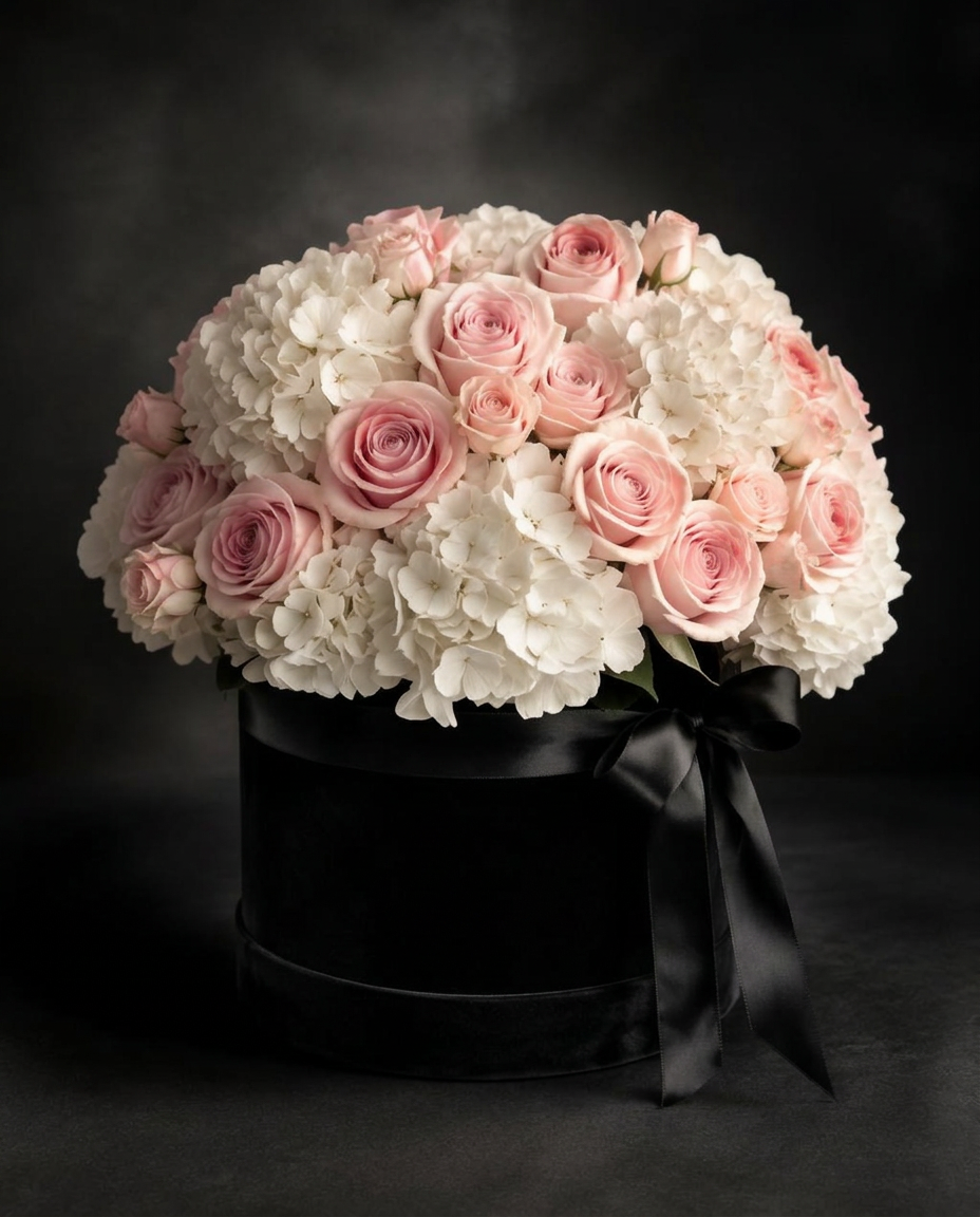 Luxury flower hat box with white hydrangeas and blush roses in a black velvet box