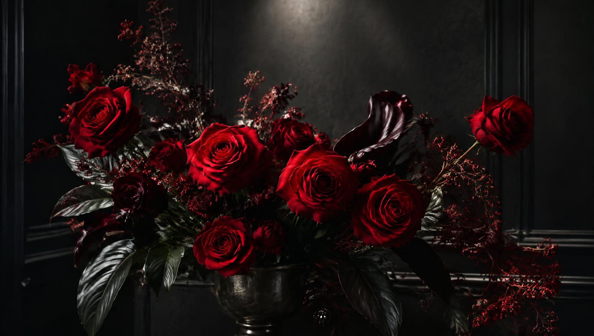 Deep red roses arranged against a dark charcoal wall