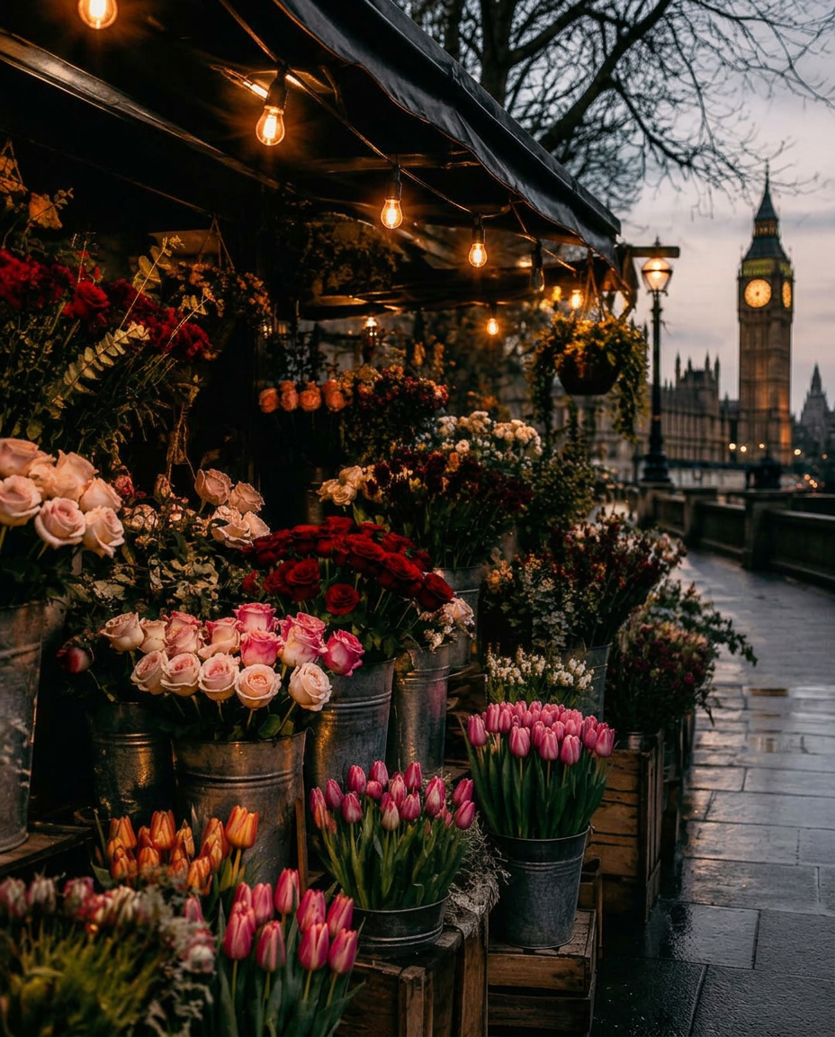 A London flower market stall at dusk with buckets of roses and tulips under warm bulbs
